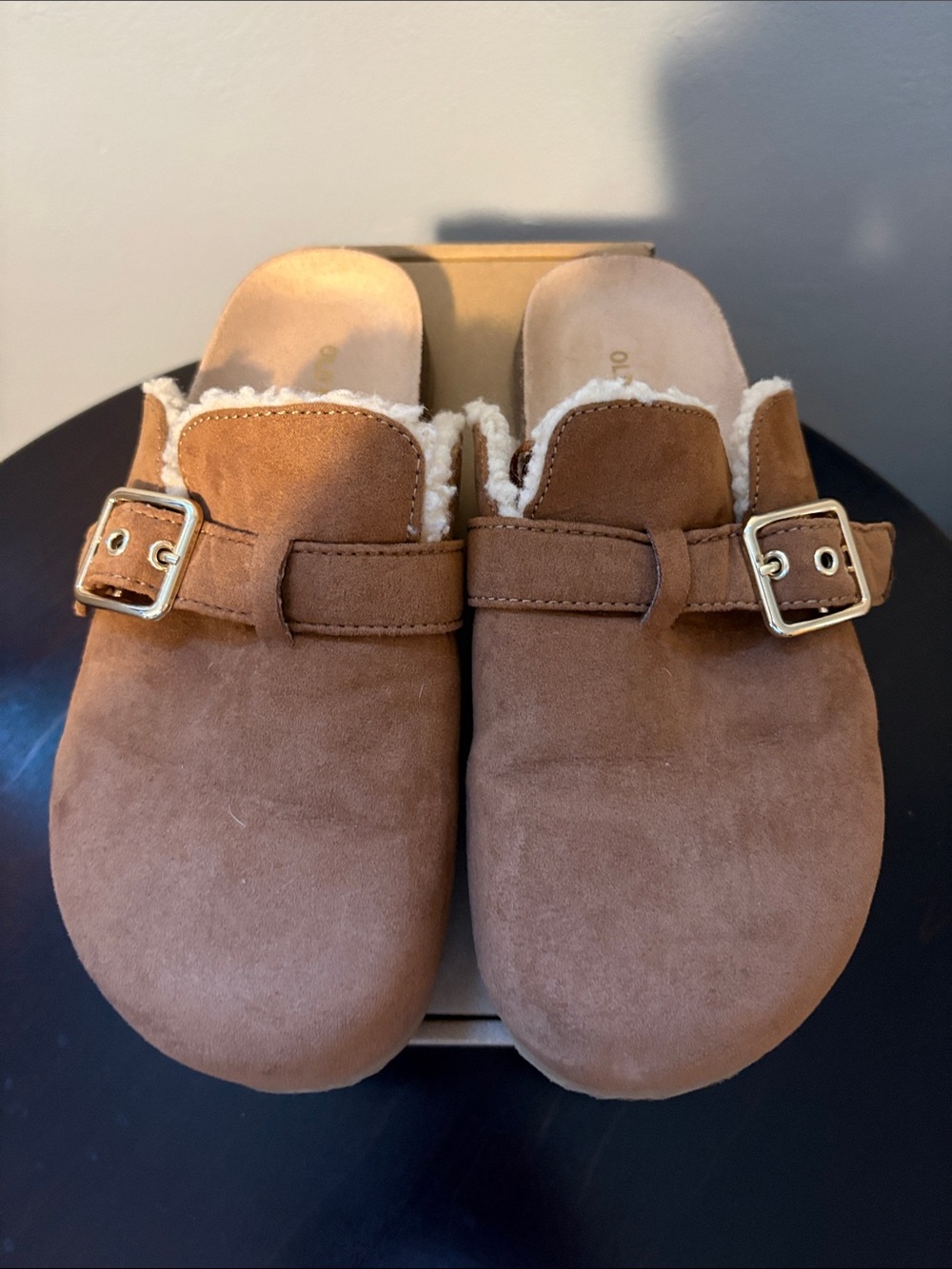 Old Navy Brown Suede Shearling-Lined Clog Mules with Buckle - Size 8